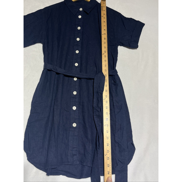 J Crew Belted Linen Blend Mini Shirtdress Medium Petite Navy Button Up Dress - Picture 5 of 9